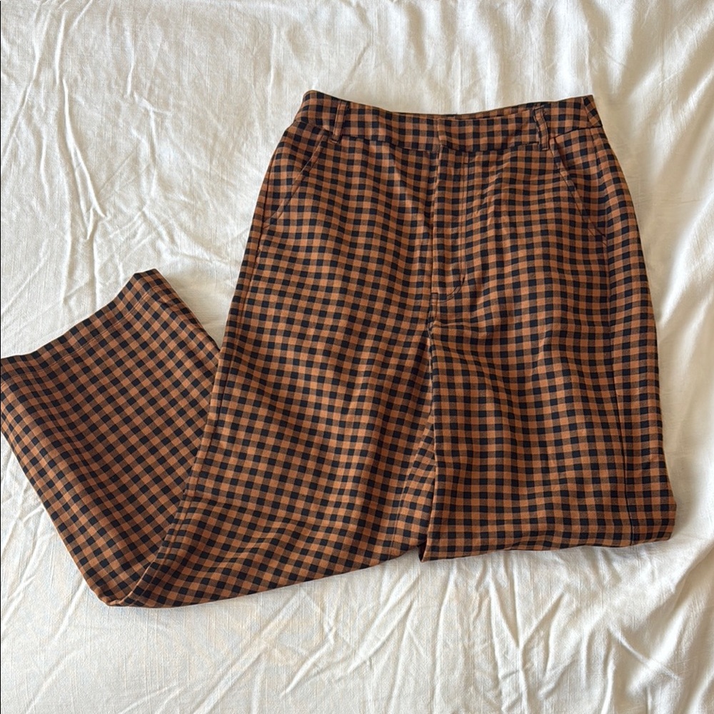 Free People Brown and Black Checkered Trousers